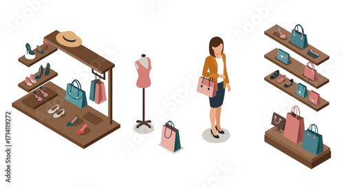Fashion boutique isometric design with woman shopper and accessories display