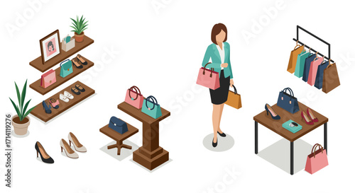 Fashion retail isometric display with accessories and clothing racks