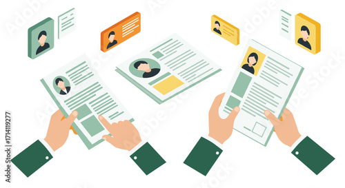 Modern isometric resume layouts and profile cards for job applications