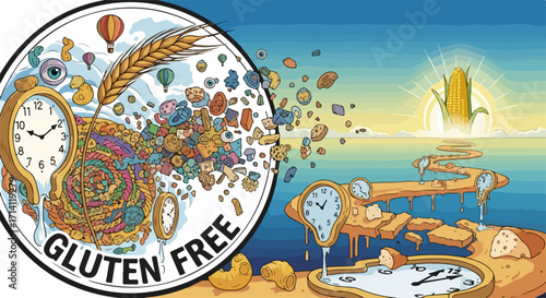 Gluten Free label with surreal melting clocks, exploding particles, and a winding path leading to a corn field, symbolizing dietary transformation and healthy lifestyle.