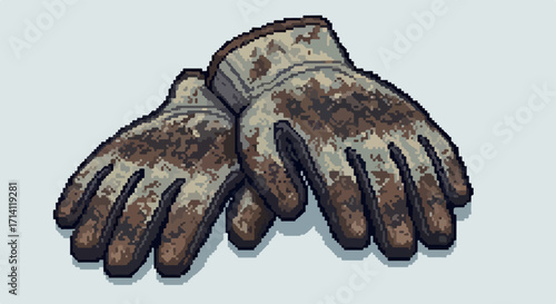 Pair of dirty work gloves in pixel art style shows signs of hard labor and manual work. These stained gloves represent concepts of gardening, construction, or diligent effort.