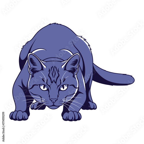 Midnight Prowl: An illustrated indigo cat is crouched low, intently focused, capturing the essence of a predator in striking, minimalist art style.