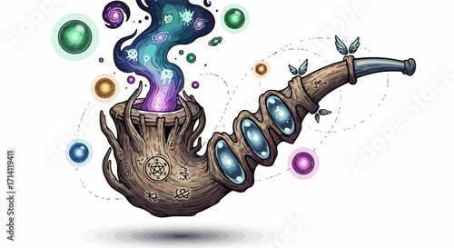 Fantastical pipe made of wood and gems emits vibrant purple and blue smoke, adorned with tiny green leaves and floating light orbs. Illustrates imagination, wonder, and enchantment.