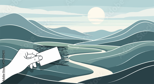 Hand holds blank white card covering part of a serene landscape, concept of privacy, hidden information, or new opportunity.