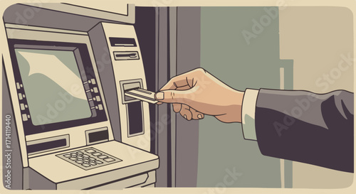 Hand inserting bank card into ATM machine, concept of financial transaction, cash withdrawal, or banking services. Useful for articles on personal finance and modern banking.