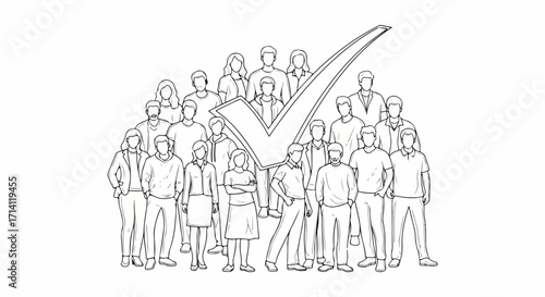 A diverse group of people stands together in a line art illustration, overseen by a prominent checkmark symbol. This image conveys concepts of collective approval, successful selection,