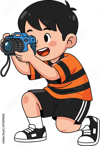 Cartoon child taking photo with camera, kneeling pose, cheerful young photographer illustration, striped shirt, playful creative moment artwork