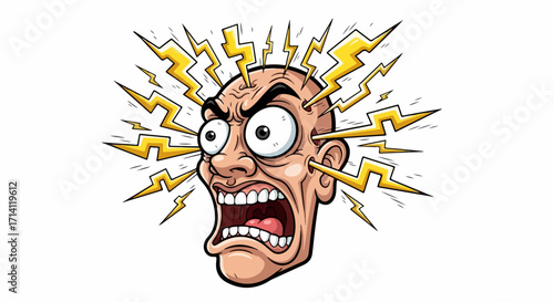 Angry man expression exhibiting furious rage with thunderbolts, showcasing mental stress. Angry man expression highlights mental stress with wide eyes, illustrating frustration and strong emotions.