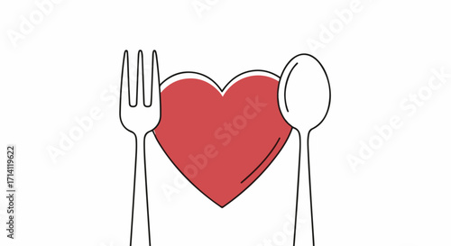 Heart healthy diet with red heart symbol between fork and spoon. Heart healthy eating encourages nutrient rich foods for wellness. Embrace concept heart healthy diet for lifestyle choices.