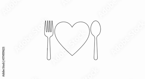 Heart shape plate illustration presents healthy eating, a nutrition focused approach. Healthy eating plate shows fork, spoon, and heart shape.