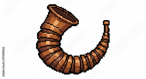Antique horn for sound with golden spiral instrument for music, used to produce a loud noise, is shown against white backdrop. Instrument antique horn can be used in the past,