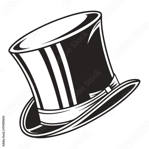 Black and white graphic illustration of a classic top hat with a ribbon band on a white background