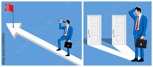 Man observing goal with spyglass on rising arrow and another man confused by two doors. Business strategy, decision making concept.