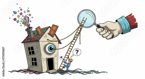 House inspection concept, cartoon house with eye looking around being analyzed with magnifier. House inspection symbolizes thorough examination, with ladder and inspector examining the roof.