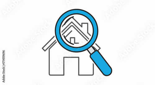 House search represented by blue magnifying glass over outline of home, house search is shown clearly. Detailed house search uncovers residential features.