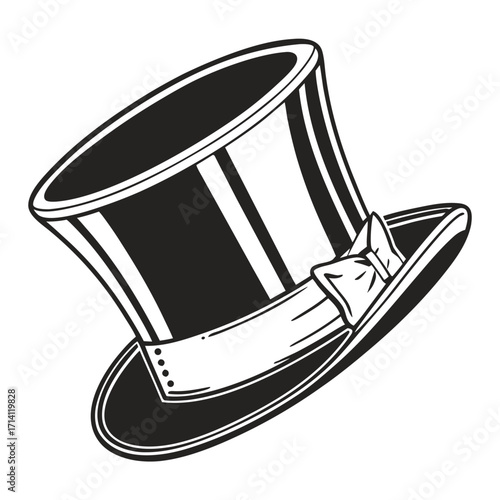 Black and white graphic of a top hat adorned with a bow tie on a white background illustration
