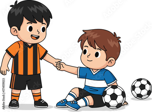 Cartoon children helping each other, soccer teamwork moment, friendly gesture illustration, striped outfit characters, outdoor sports activity artwork