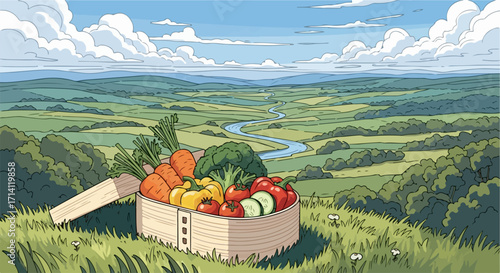 Bento box on scenic landscape with fresh vegetables displayed for a tasty meal. Bento box with mixed vegetables represents healthy eating and lifestyle.