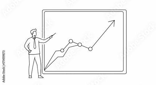 Business growth presentation with line drawing of businessman pointing to board showing growth. Business growth chart conveys an upward trend, illustrating financial business growth and progress.