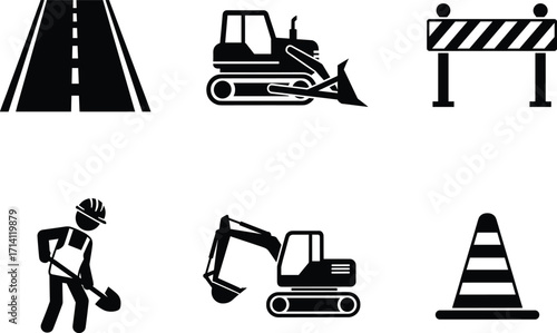 Construction and road works icons including bulldozer, excavator, worker, and traffic signs in simple black and white vector style.