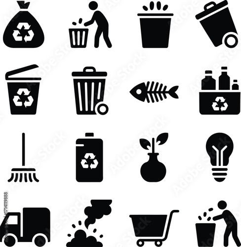 Recycling waste management garbage collection and environmental protection vector icon set design elements
