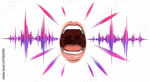 Mouth sound wave illustration conveying audio transmission and vocal frequencies. Sound wave patterns visualize speech and communication in digital form. Use sound wave for app development,