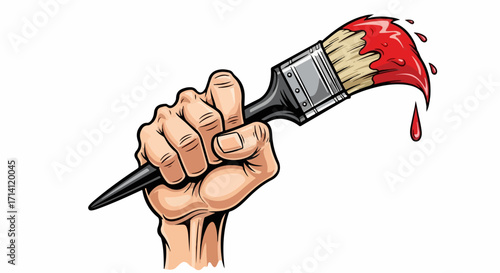 Hand holding paintbrush filled with red paint on white backdrop, dripping paint adds dramatic visual effect. Holding paintbrush tightly, hand showcases strength and control.
