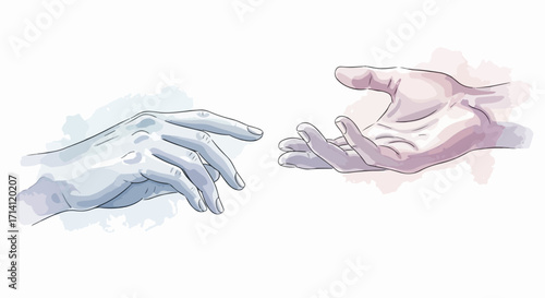 Reaching out hands illustrated with watercolor effect featuring one cool toned hand and one warm toned hand. Reaching out hands evoke connection and support.
