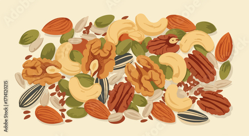 Variety of nuts including almonds, cashews, and walnuts create nutrient rich composition. Nuts are a great source of healthy fats and protein, providing sustained energy and essential nutrients.