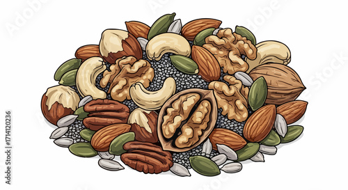 Nut mix assortment on white background, featuring varied nuts in colorful arrangement. This nut mix assortment highlights walnuts, almonds, cashews, and pecans. Display of nut mix assortment,