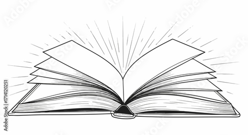 Open book illustration with glowing pages conveying knowledge and learning. Open book with light rays highlights education and information.