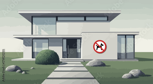 Modern house is shown with sleek architecture, featuring flat roof and large windows, alongside a sign indicating no dogs allowed. Modern house displays simple elegance,