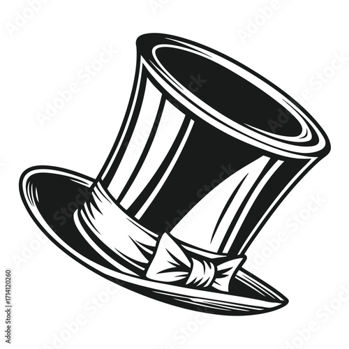 Black and white illustration of a classic top hat with a bow tie on a white background formal hat