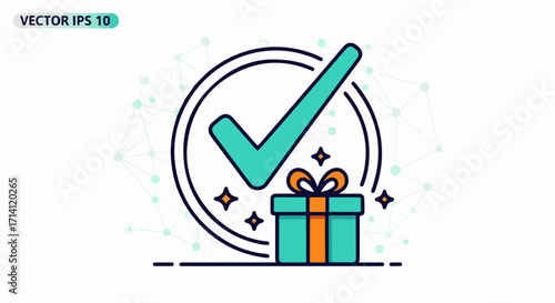 Gift box with check mark symbolizing approval or confirmation. Check mark over present denotes agreement and validation for delivery.