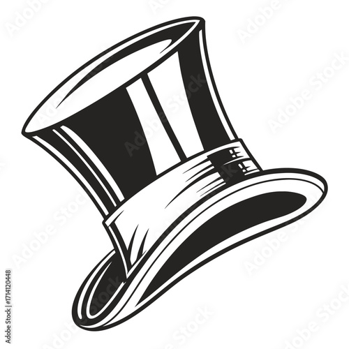 Black and white illustration of a classic top hat with a ribbon band and a curved brim headwear