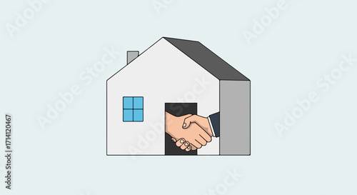 New home deal presented by shaking hands, set in cartoon house on light background. This new home deal symbolizes trust and commitment, depicting agreement for real estate property.