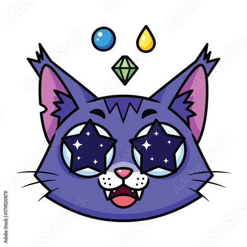 Cosmic Cat with Gems and Orb: A whimsical depiction of a vibrant cat, adorned with stellar eyes and floating celestial elements, radiates joy and magic with its expressive visage.