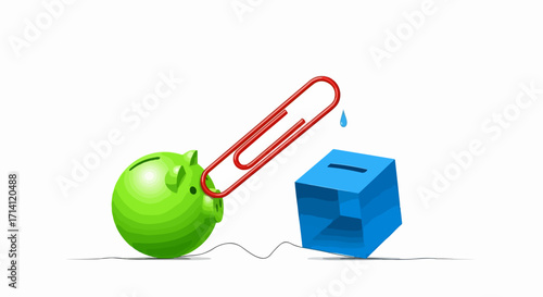 Green piggy bank concept with red paperclip drain, symbolic of economic issues. Investment losses and financial drainage portrayed in piggy bank with paperclip and blue donation box.