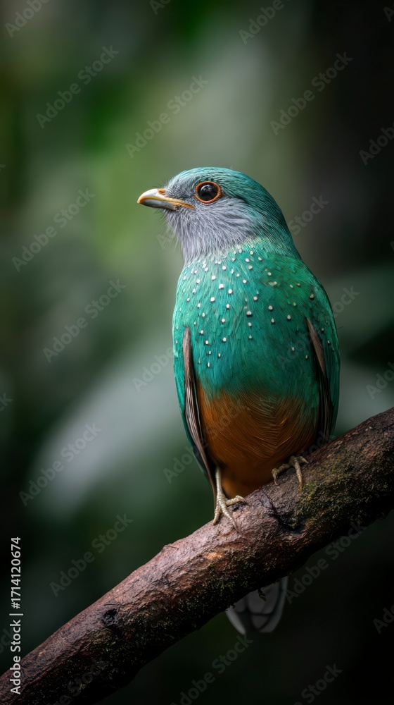 Obraz premium Emerald Jewel Perched: A stunningly vibrant bird with emerald feathers and detailed texture sits perched gracefully on a branch, highlighting the beauty of nature and wildlife.