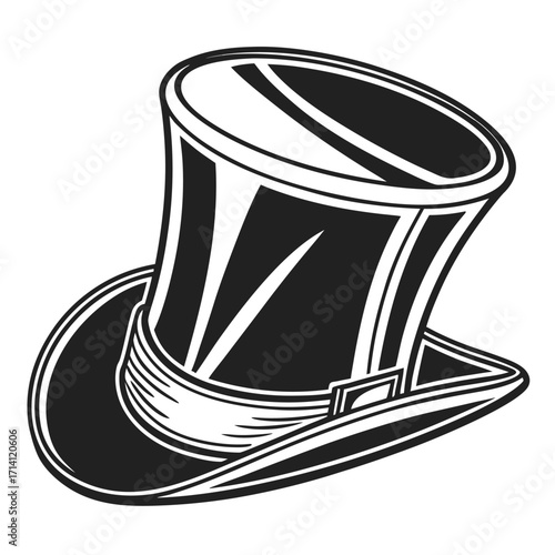 Black and white illustration of a classic top hat with a ribbon band on a white background formal