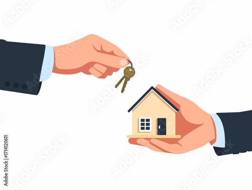 Flat illustration of hands exchanging a small house and a key in a transaction. Isolated on a white background.