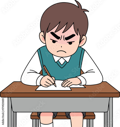 Cartoon student writing at desk, frustrated expression pose, teal vest character, classroom struggle moment, educational study scene artwork