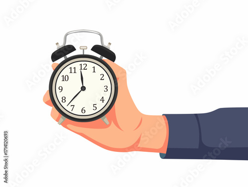 Illustration of a hand holding a classic alarm clock, setting the time. Isolated on a white background.