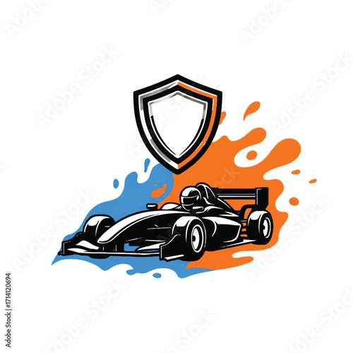 A dynamic illustration of a sleek racing car with a shield emblem, set against a backdrop of splashing blue and orange liquid.