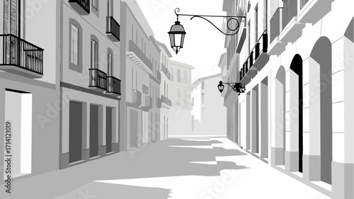 Serene European streetscape with vintage lamps, perfect for travel posters and architectural designs