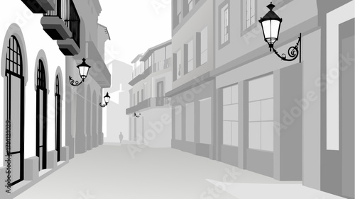 Charming old town street scene with vintage lamps creating a peaceful and atmospheric mood