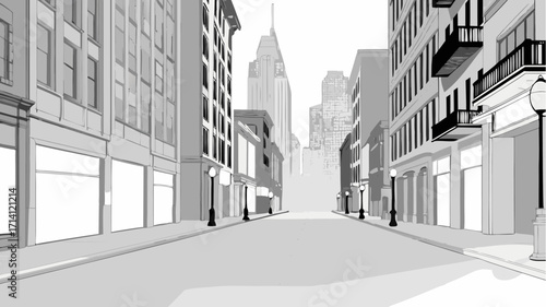 Dramatic cityscape illustration of a clean urban street with vintage streetlights and tall buildings
