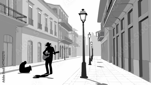 Serene street scene with musician playing guitar for dog, an elegant urban landscape comes alive