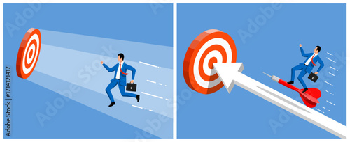 Man running toward a target and another man riding a dart hitting a bullseye. Business goal achievement and strategy concept.
