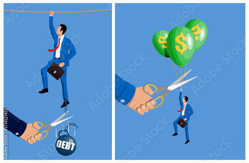 Man in blue suit escaping debt with assistance from cutting scissors and rising with dollar sign balloons. Financial freedom concept for business.